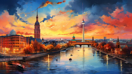 oil painting on canvas, Museum island on Spree river and Alexanderplatz TV tower in center of Berlin, Germany. - obrazy, fototapety, plakaty
