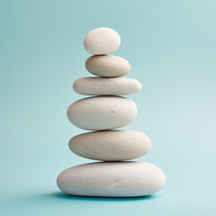 Fototapeta na wymiar Balanced stack of white zen stones, blue background