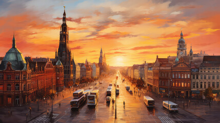 oil painting on canvas, Leipzig, Germany. Cityscape image of Leipzig, Germany with New Town Hall at twilight blue hour.