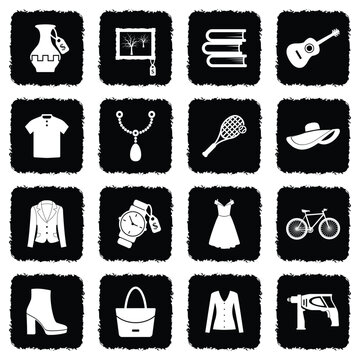Second Hand Store Icons. Grunge Black Flat Design. Vector Illustration.