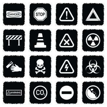 Caution Icons. Grunge Black Flat Design. Vector Illustration.