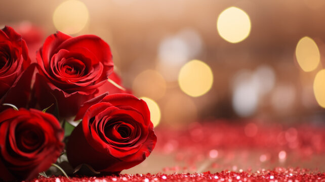Valentines concept with bouquet of roses and wrapped gift on wooden table