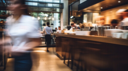 Blurred restaurant background with, people, chefs and waiters, Abstract background - obrazy, fototapety, plakaty