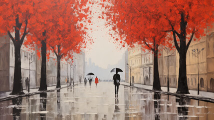 oil painting on canvas, street view of Pisa. Artwork. Big ben. man and woman under a umbrella. red tree. Italy