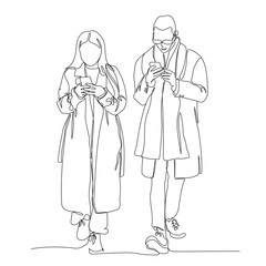 Young couple walking and using mobile phones on the go. Wearing warm coats and scarf, glasses. Internet addiction concept. Single line drawing. Black and white vector illustration in line art style.