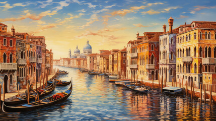 Fototapeta na wymiar An oil painting of Venetian architecture and water canal in Venice at sunset, Italy.