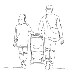 Couple walking with baby stroller. Back view. Single line drawing. Black adn white vector illustration in line art style.