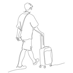 Man in glasses walking with suitcase on wheels. Side view. Travel concept. Continuous line drawing. Black and white vector illustration in line art style.