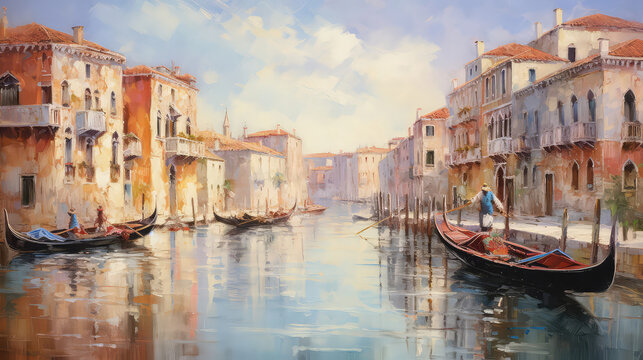 An oil painting of Venetian architecture and water canal in Venice at sunset, Italy.