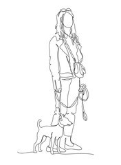 Woman with small dog standing. Using long leash, glasses on top of head. One line drawing. Black and white vector illustration in line art style.
