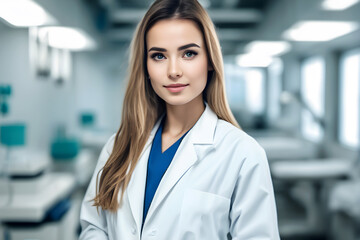 Fototapeta premium Beautiful young woman scientist wearing white coat and glasses in modern Medical Science Laboratory with Team of Specialists on background, AI generated