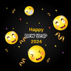 new year fun poster with different face impression emojis, gold confetti, flat style vector illustration.