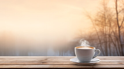 A cup of coffee on an outdoor table with a winter view and a snowy background - obrazy, fototapety, plakaty