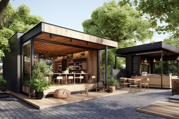 Small modern coffee shop, wooden exterior, realistic render. Architecture design concept for cafe, coffee, shop. - obrazy, fototapety, plakaty
