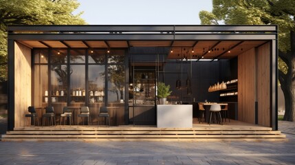 Small modern coffee shop, wooden exterior, realistic render. Architecture design concept for cafe, coffee, shop. - obrazy, fototapety, plakaty