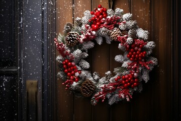 a glistening Christmas wreath hanging on a rustic wooden door, adorned with red berries and frosted pine cones