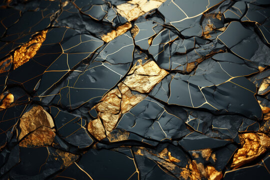 Halloween gold, black rock texture with gold veins and golden nuggets, Generative Ai