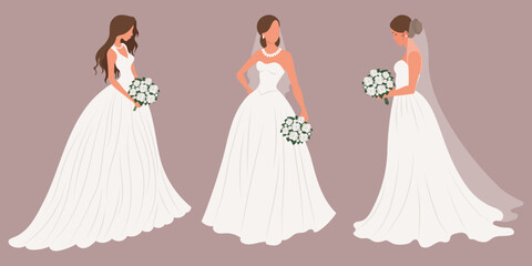 Set of brides in a white wedding dress with a bridal bouquet. Luxurious wedding dresses for brides. Illustration, vector