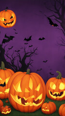 Happy Halloween holiday banner. Purple festive banner with 3d spooky pumpkins, candy eyes and paper bats. Vector illustration. Happy Halloween background.