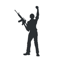 Isolated terrorist silhouette. Man protester with a gun. Fist over head. Dangerous rebel with a rifle. Armed street bandit. Portrait of a freedom fighter