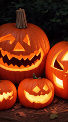 Fototapeta premium Happy Halloween holiday banner. Purple festive banner with 3d spooky pumpkins, candy eyes and paper bats. Vector illustration. Happy Halloween background.