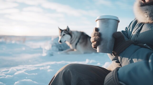  a man holding a cup of coffee while sitting in the snow with a husky dog on the other side of the photo and a person holding a cup of coffee in their hand.  generative ai