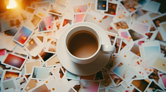  a cup of coffee sitting on top of a pile of polaroid pictures on top of a bed of other polaroid polaroid pictures on a bed of paper.  generative ai