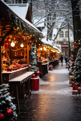 Naklejka premium Snow-dusted Christmas market with old-fashioned holiday decorations and cheer 