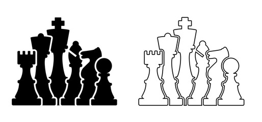 Chess pieces tower horse bishop, king queen Chess Board Setup Vector icon or symbol pieces Flat style the starting positions figures pieces tournament strategy silhouette checker board. Square checker