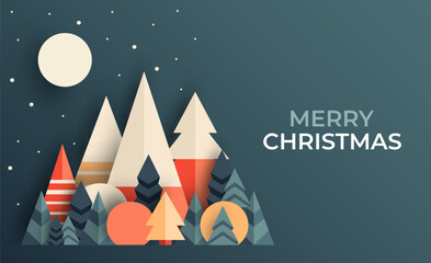 Merry Christmas landing web page template for xmas celebration event. Flat paper cut vector illustration.