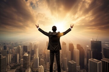 Full back view of successful businessman raising his arms like a winner standing on the roof of an office building with city view.