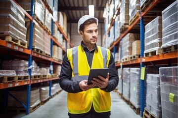 Portrait of a worker checking merchandise inside a warehouse distribution center.