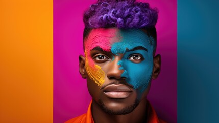 Portrait of attractive male in colorful bright lights posing in studio, Portrait of Handsome man with dressing trendy on colorful background.