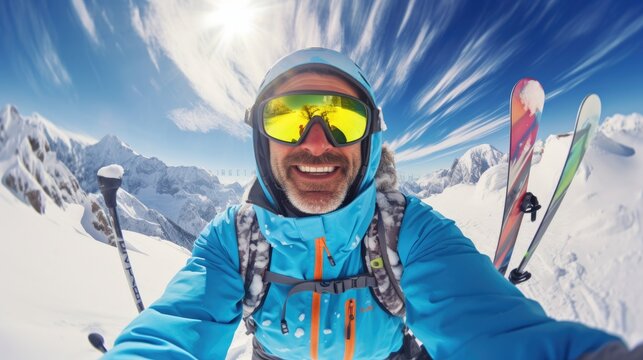 Selfie of a happy skier on a snowy high mountain.