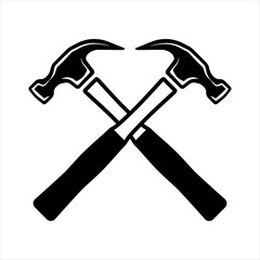 Two crossed hammers vector flat icon. Simple Hammer silhouette, isolated on white isolated background. Flat design labor symbol. Construction tools. Shoemaker's hammer