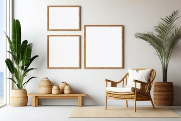 Stylish living room arrangement with designer furniture, mock up poster