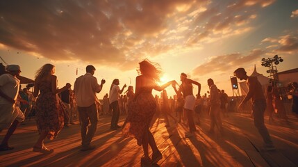 Fun in the sunset Friends dancing at the summer festival photo-realistic