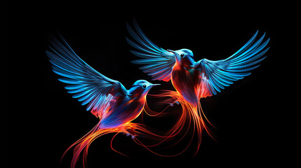Obraz premium Two birds flying. Light painting style. Black background. 