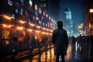 Obraz premium The city of the future. Holographic advertising on a city street. Augmented reality.