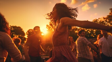 Fun in the sunset Friends dancing at the summer festival photo-realistic