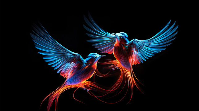 Two birds flying. Light painting style. Black background. 
