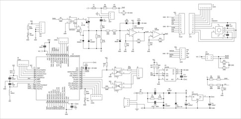 Schematic diagram of electronic device.
Vector drawing electrical circuit with operational amplifier, 
led, integrated circuit, capacitor, resistor, coil, 
microcontroller chip, optocoupler, diode.