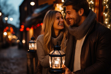 Exhilarated couple illuminating snowy village with festive lanterns during winter festival 