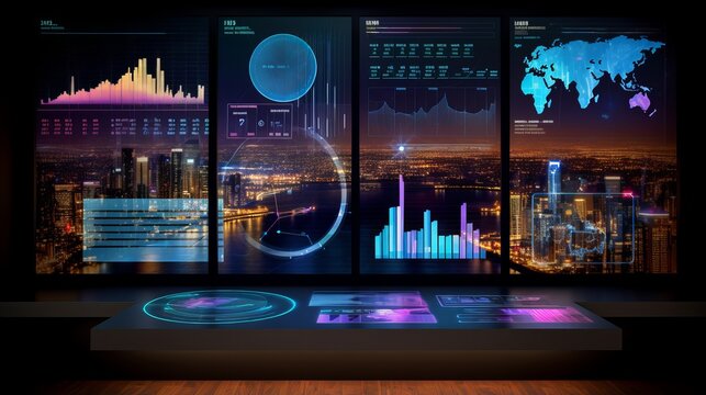 expert data scientist analyzing business intelligence dashboard with big data technology - virtual screen analytics