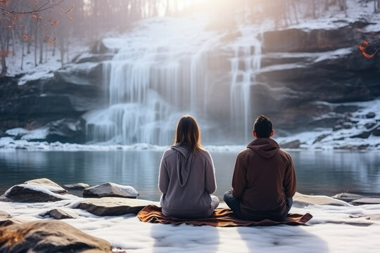 Couple practicing winter yoga near frozen waterfall background with empty space for text 