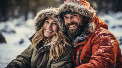Joyous couple revels in rustic ice fishing amidst snowy woodland 