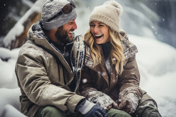 Joyous couple revels in rustic ice fishing amidst snowy woodland 