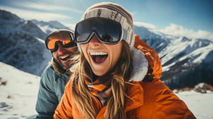 Fototapeta na wymiar Joyful couple snowboarding at mountain resort background with empty space for text 
