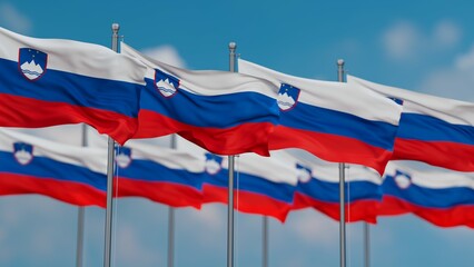 Slovenia many flags in row, multiple flags in line