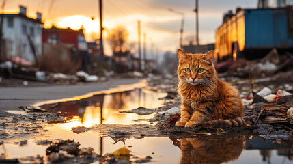 A cute ginger cat sits in a puddle in the middle of a littered street
